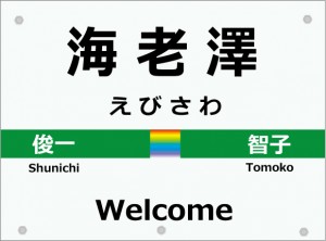 センターのカラーを虹色にした駅名標